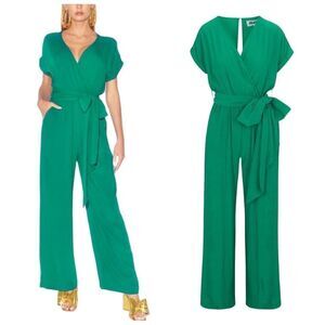 Meghan LA Wonderland Jumpsuit Wide Leg Surplice V-Neck in Emerald Size XXXL